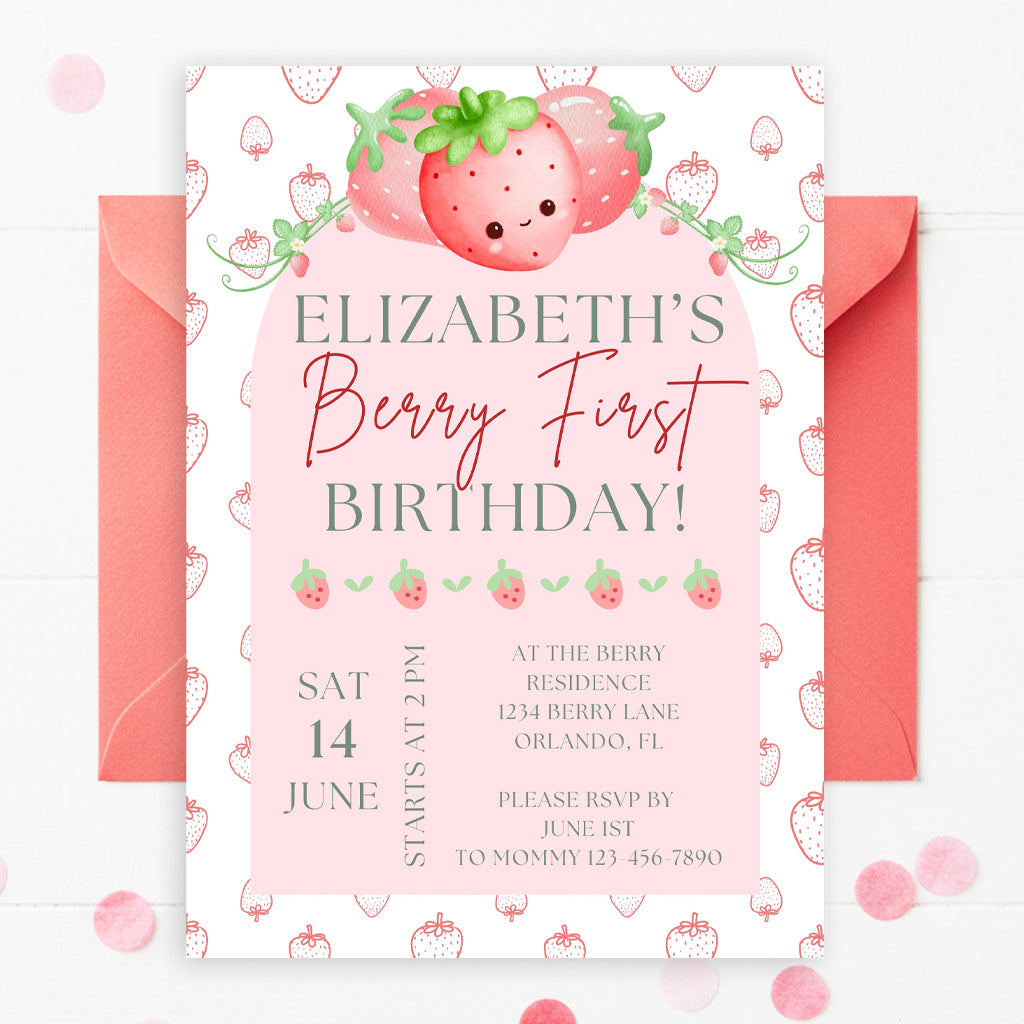 Berry First Birthday Invitation | Editable Girl Party Invite | Pink Berry First Theme Template – Instant Download