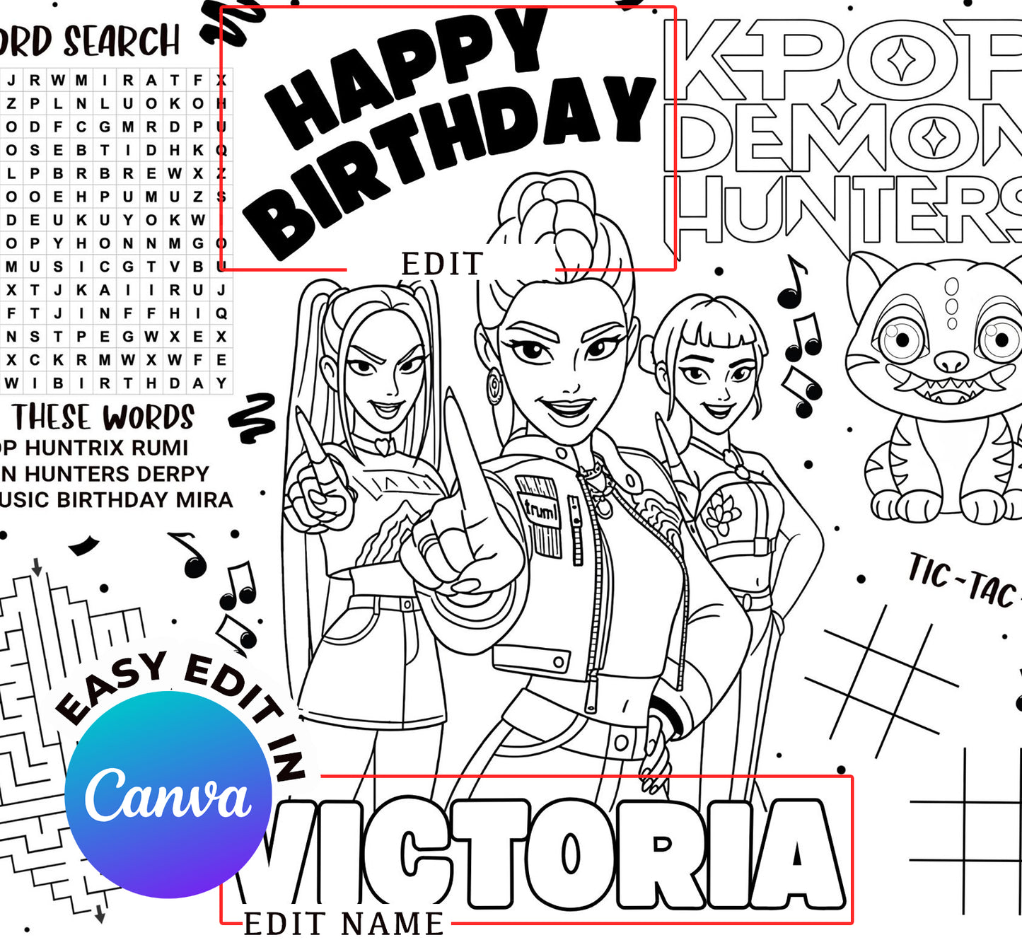 K-Pop Demon Hunters Birthday Activity Sheet | Personalized Canva Template ( Instant Download )