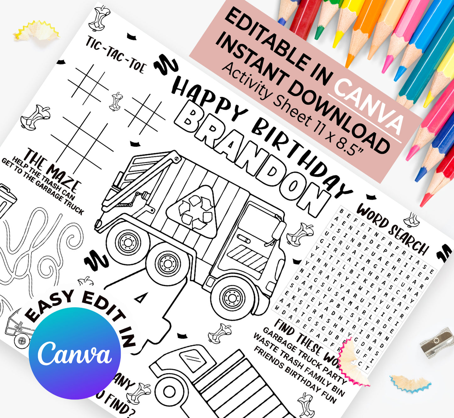 Printable Garbage Truck Birthday Activity Sheet ( Instant Download )