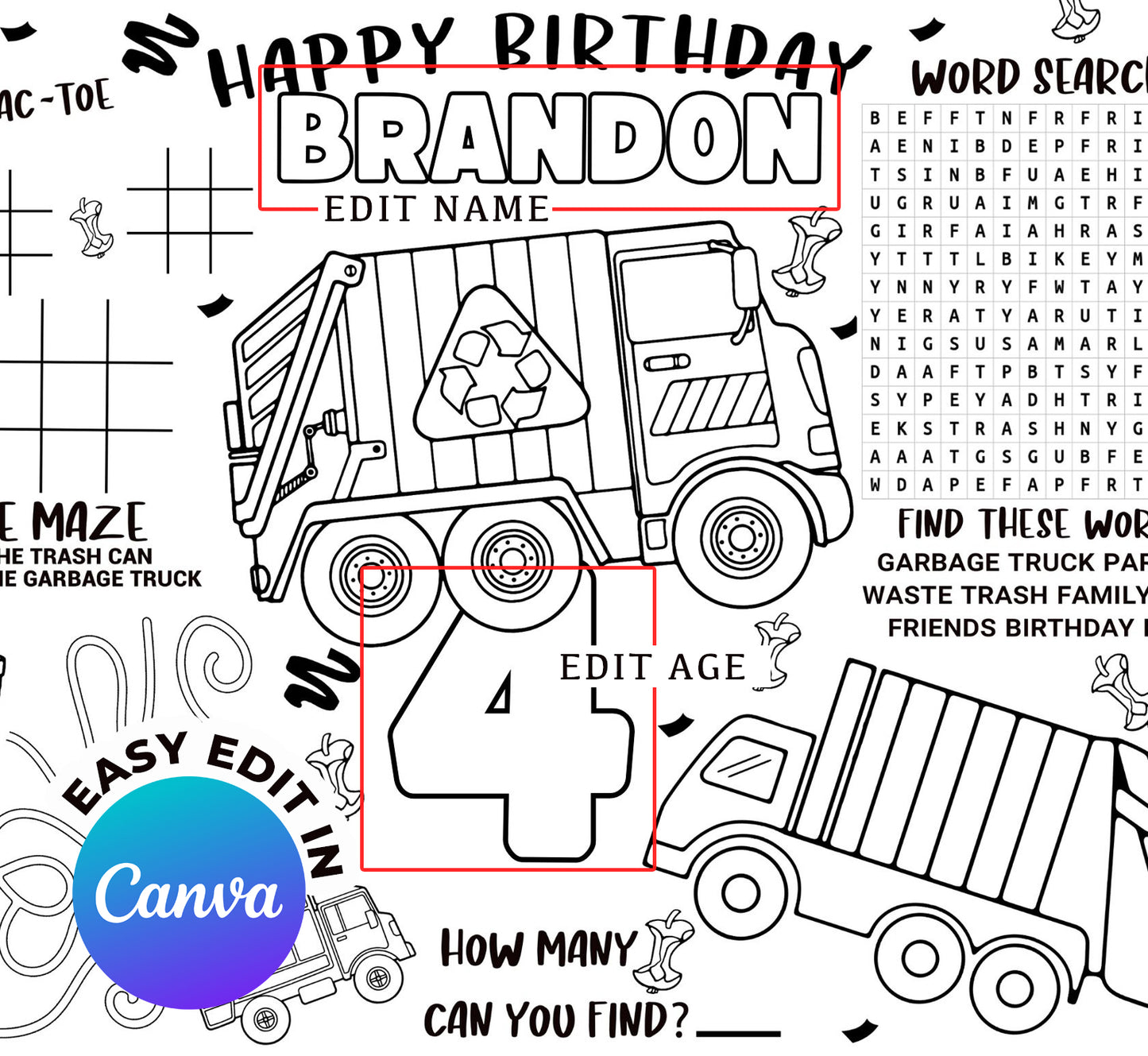 Printable Garbage Truck Birthday Activity Sheet ( Instant Download )