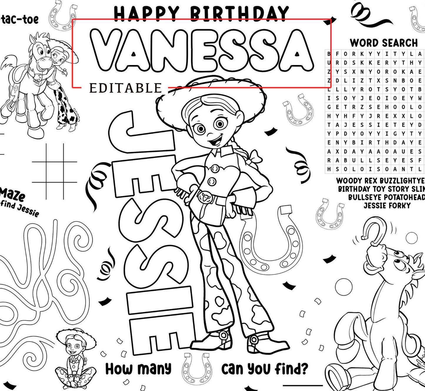 Jessie Toy Story Activity Sheet (Edit In Canva & Instant Download)