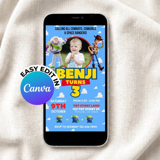 Toy Story Birthday Invitation, Editable Canva Mobile Invite, Buzz Lightyear Woody Party Invite, Kids Birthday , Instant Digital Download