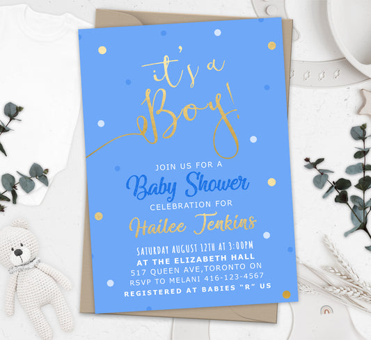 Blue & Gold It's a Boy Invitation