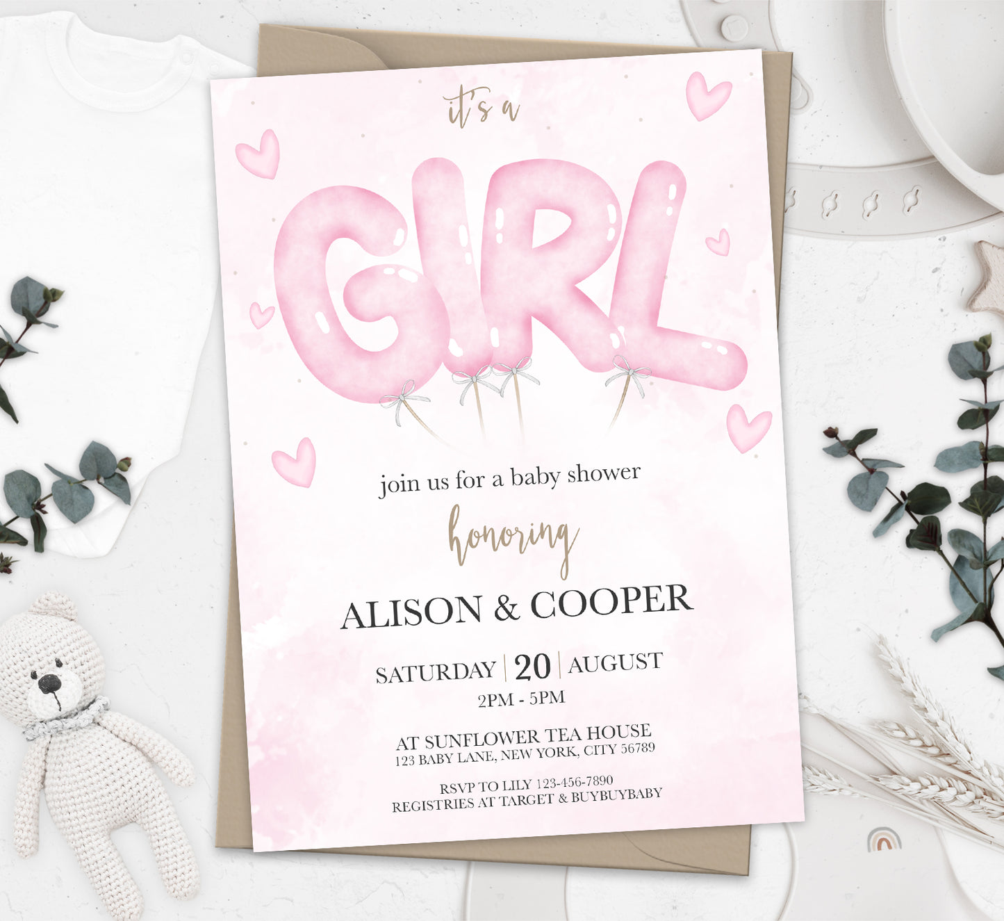 Watercolor It's a Girl Balloon Invitation