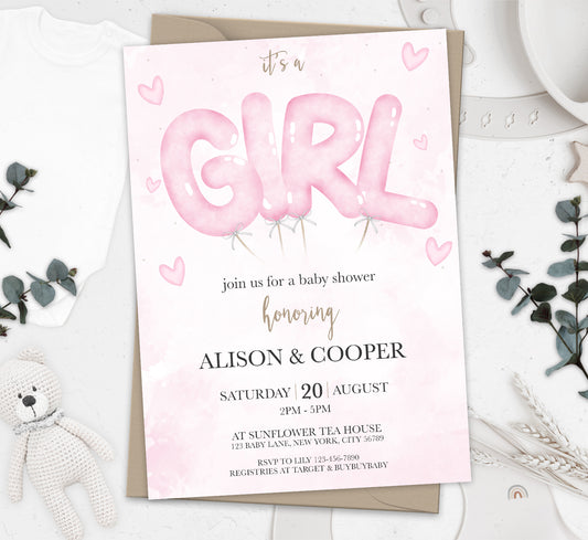 Watercolor It's a Girl Balloon Invitation