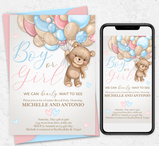 Gender Reveal Teddy Bear Invitation
