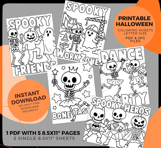 Spooky Halloween Coloring Set | Skeleton Dance | Spooky Friends | Spooky Superheros - Instant Download