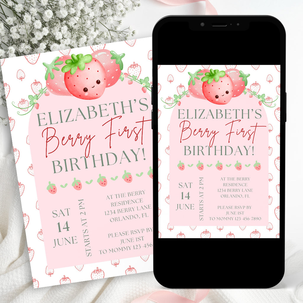 Berry First Birthday Invitation | Editable Girl Party Invite | Pink Berry First Theme Template – Instant Download