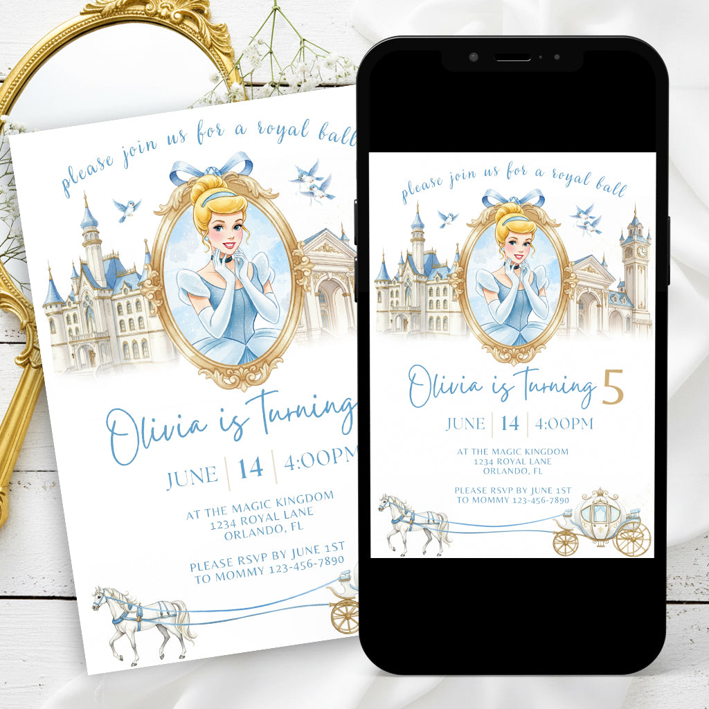 Cinderella Editable Birthday Invitation | Princess Party Invite | Canva Template