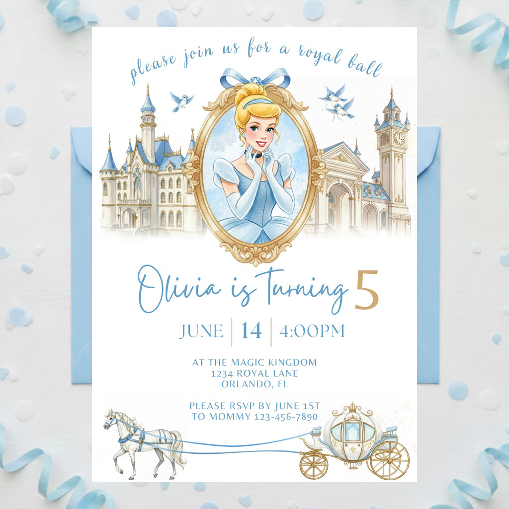 Cinderella Editable Birthday Invitation | Princess Party Invite | Canva Template