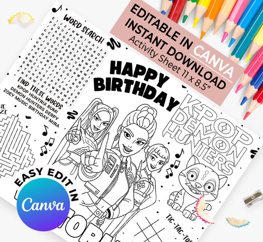 K-Pop Demon Hunters Birthday Activity Sheet | Personalized Canva Template ( Instant Download )