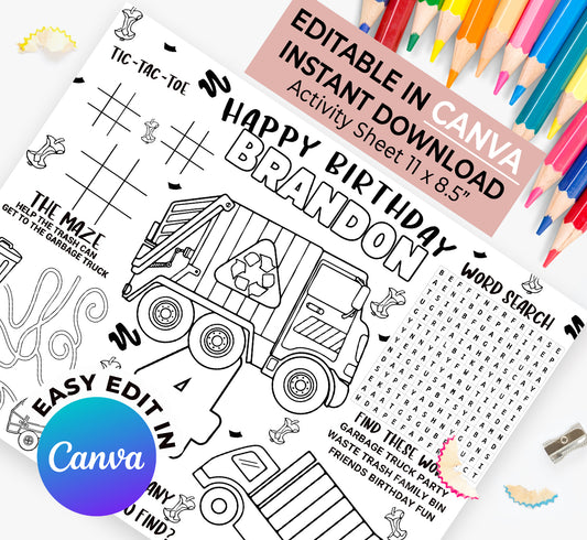 Printable Garbage Truck Birthday Activity Sheet ( Instant Download )