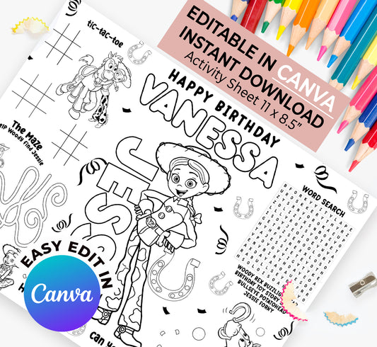 Jessie Toy Story Activity Sheet (Edit In Canva & Instant Download)