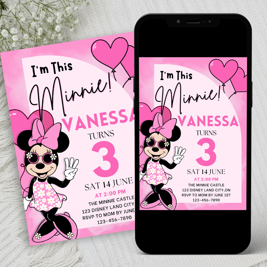 Minnie Mouse Birthday Invitation | Editable Girl Party Invite | Pink Minnie Theme Template – Instant Download