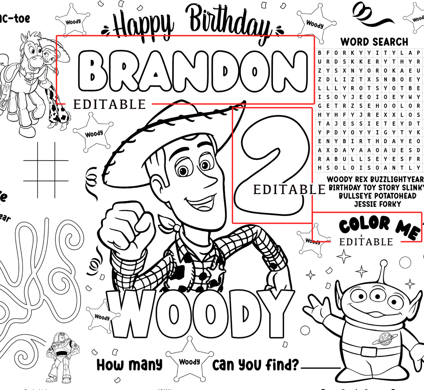 Woody Toy Story Activity Sheet (Edit In Canva & Instant Download)