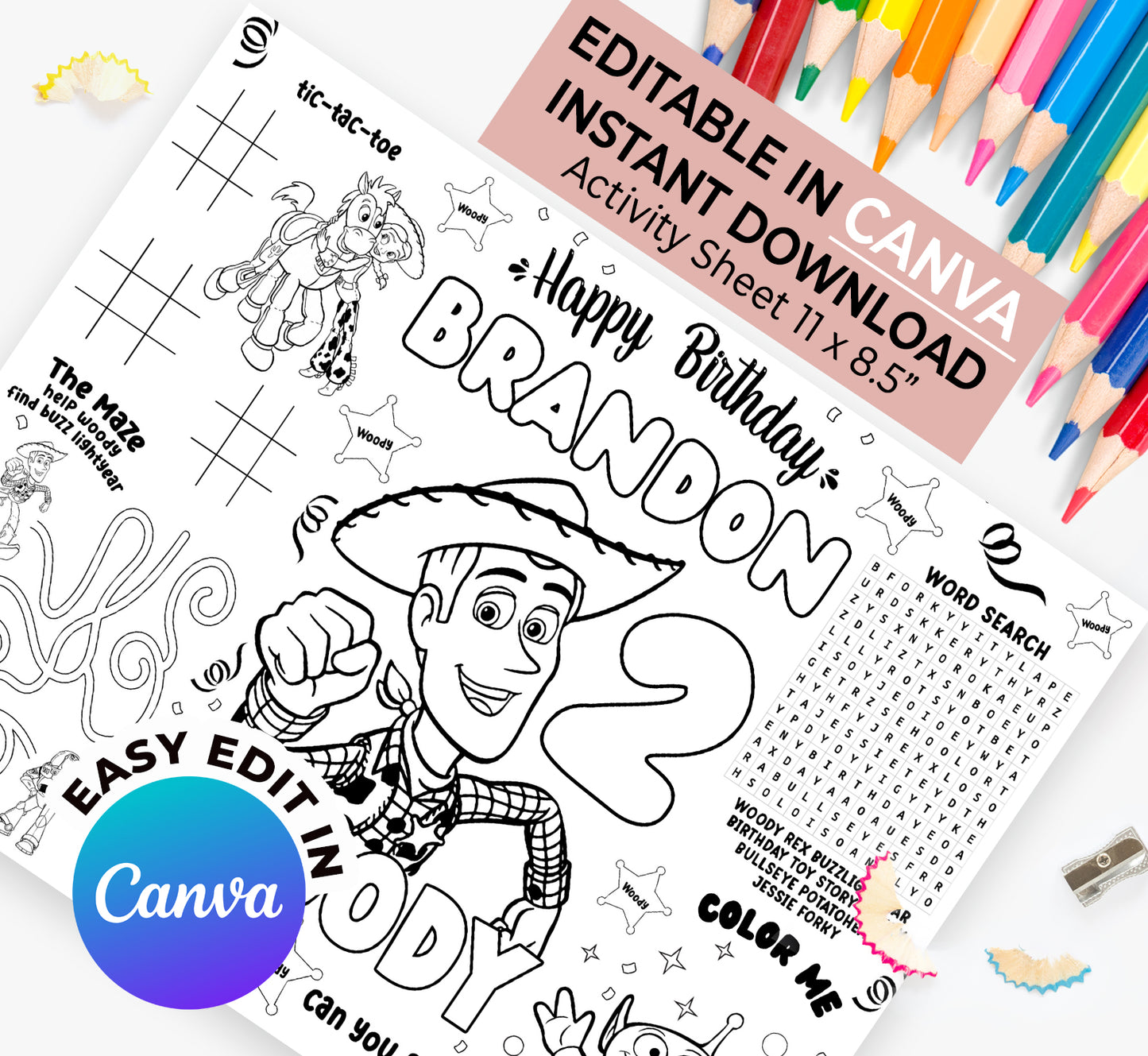 Woody Toy Story Activity Sheet (Edit In Canva & Instant Download)