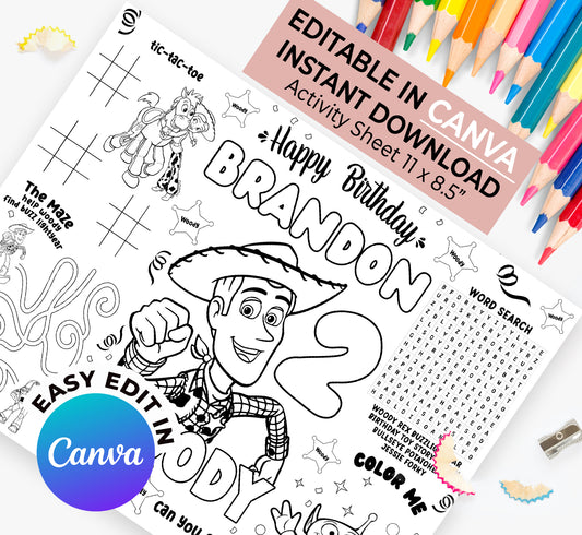 Woody Toy Story Activity Sheet (Edit In Canva & Instant Download)