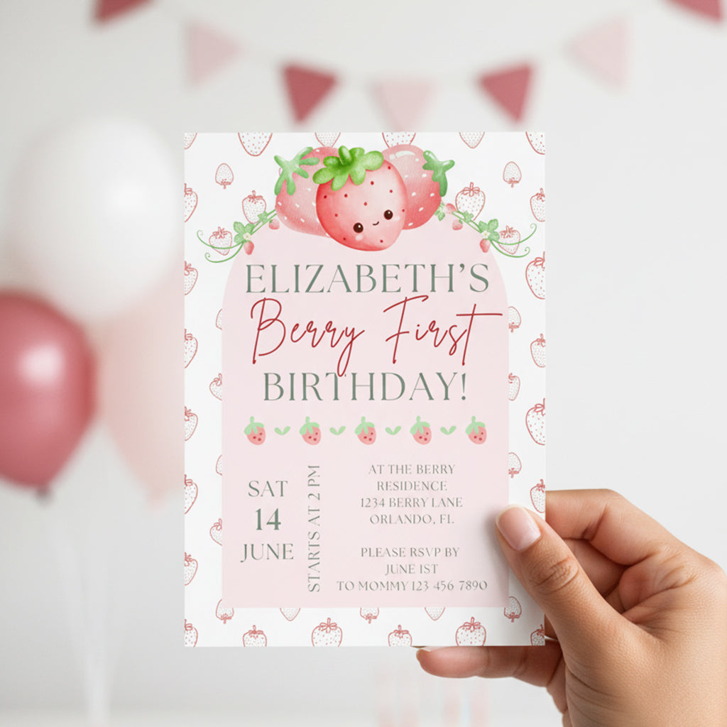 Berry First Birthday Invitation | Editable Girl Party Invite | Pink Berry First Theme Template – Instant Download