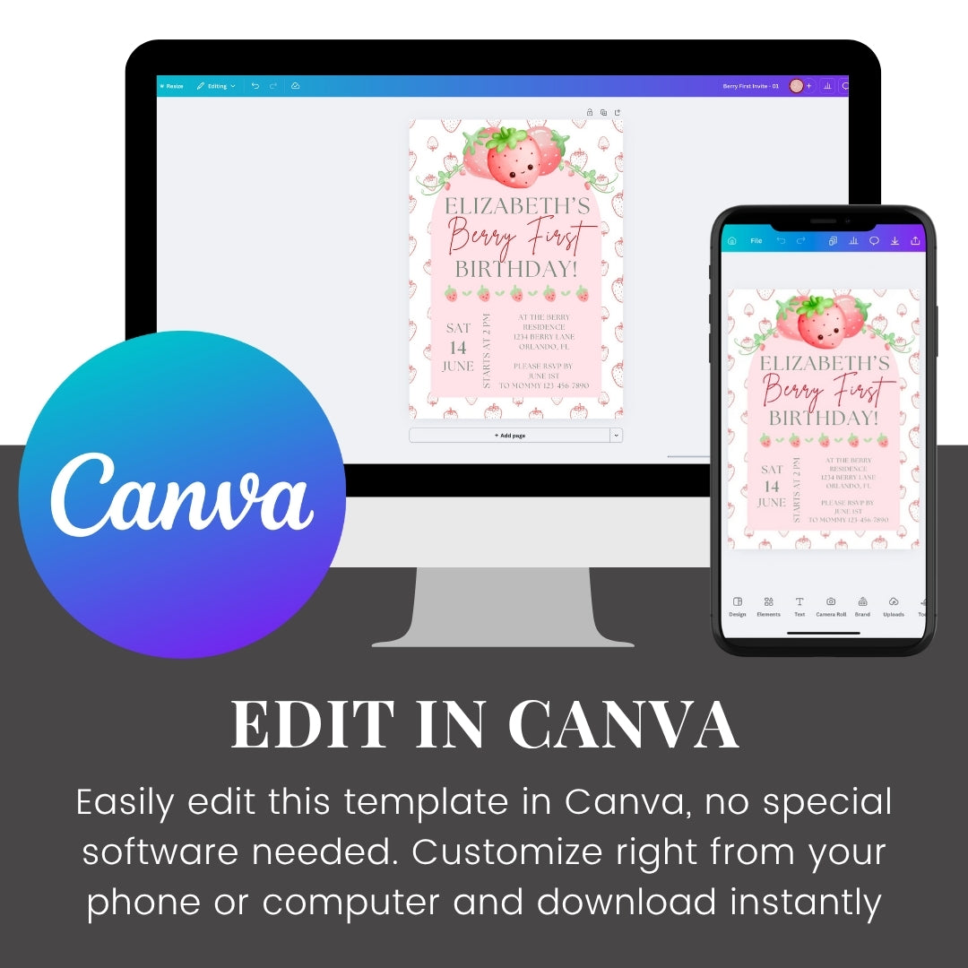 Berry First Birthday Invitation | Editable Girl Party Invite | Pink Berry First Theme Template – Instant Download