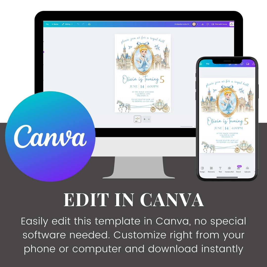 Cinderella Editable Birthday Invitation | Princess Party Invite | Canva Template