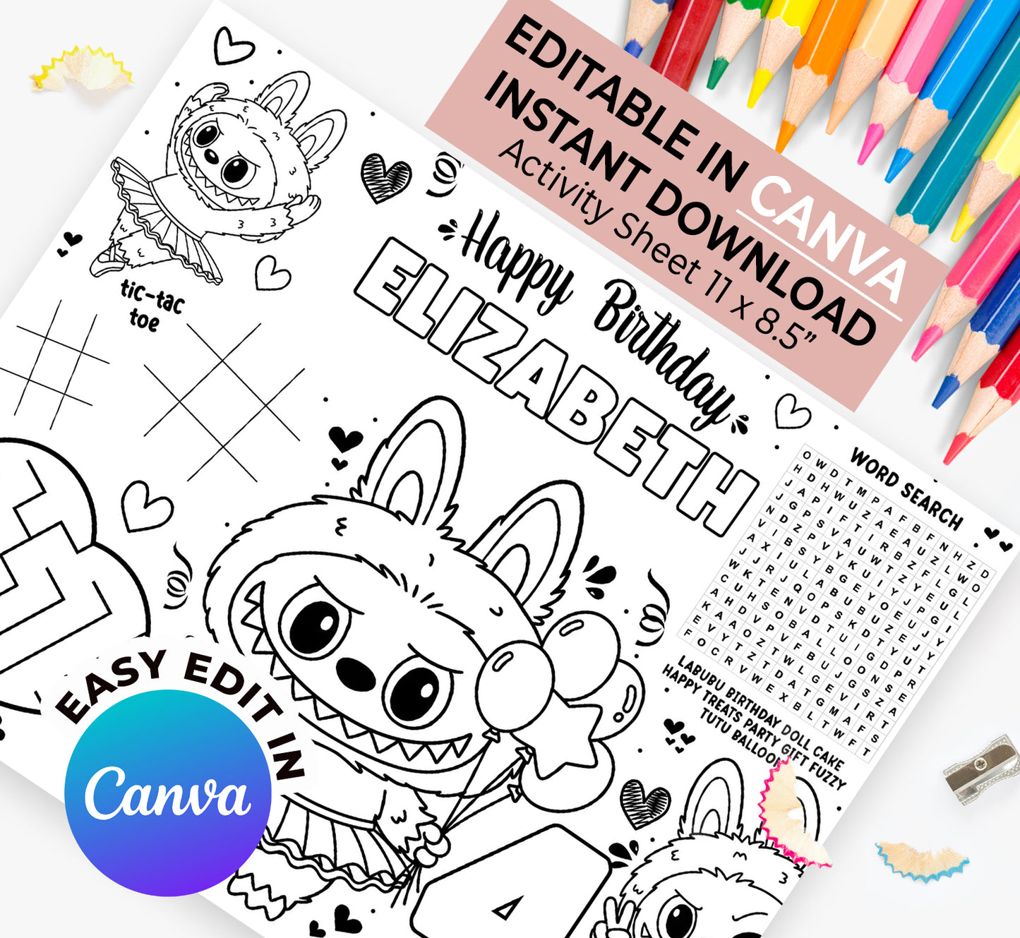 Editable TuTu Labubu Birthday Activity Sheet | Personalized Canva Template ( Instant Download )