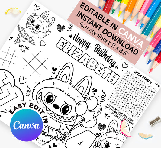 Editable TuTu Labubu Birthday Activity Sheet | Personalized Canva Template ( Instant Download )