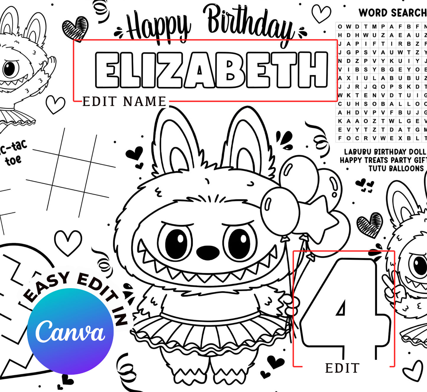 Editable TuTu Labubu Birthday Activity Sheet | Personalized Canva Template ( Instant Download )