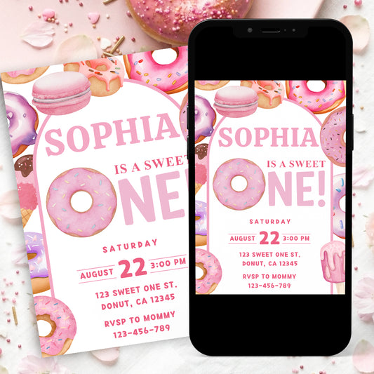 Sweet One Birthday Invitation | Editable Canva Invite | Donut Theme | Sweet One First Birthday Party Invite | Instant Download