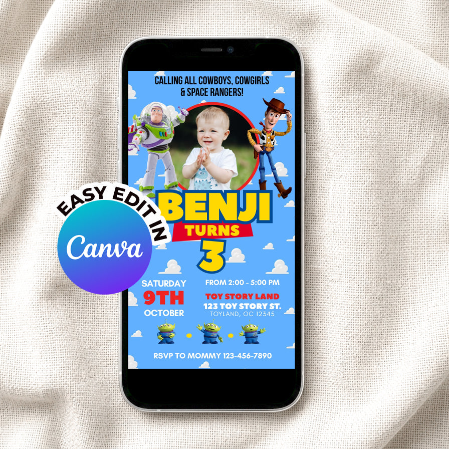 Toy Story Birthday Invitation, Editable Canva Mobile Invite, Buzz Lightyear Woody Party Invite, Kids Birthday , Instant Digital Download