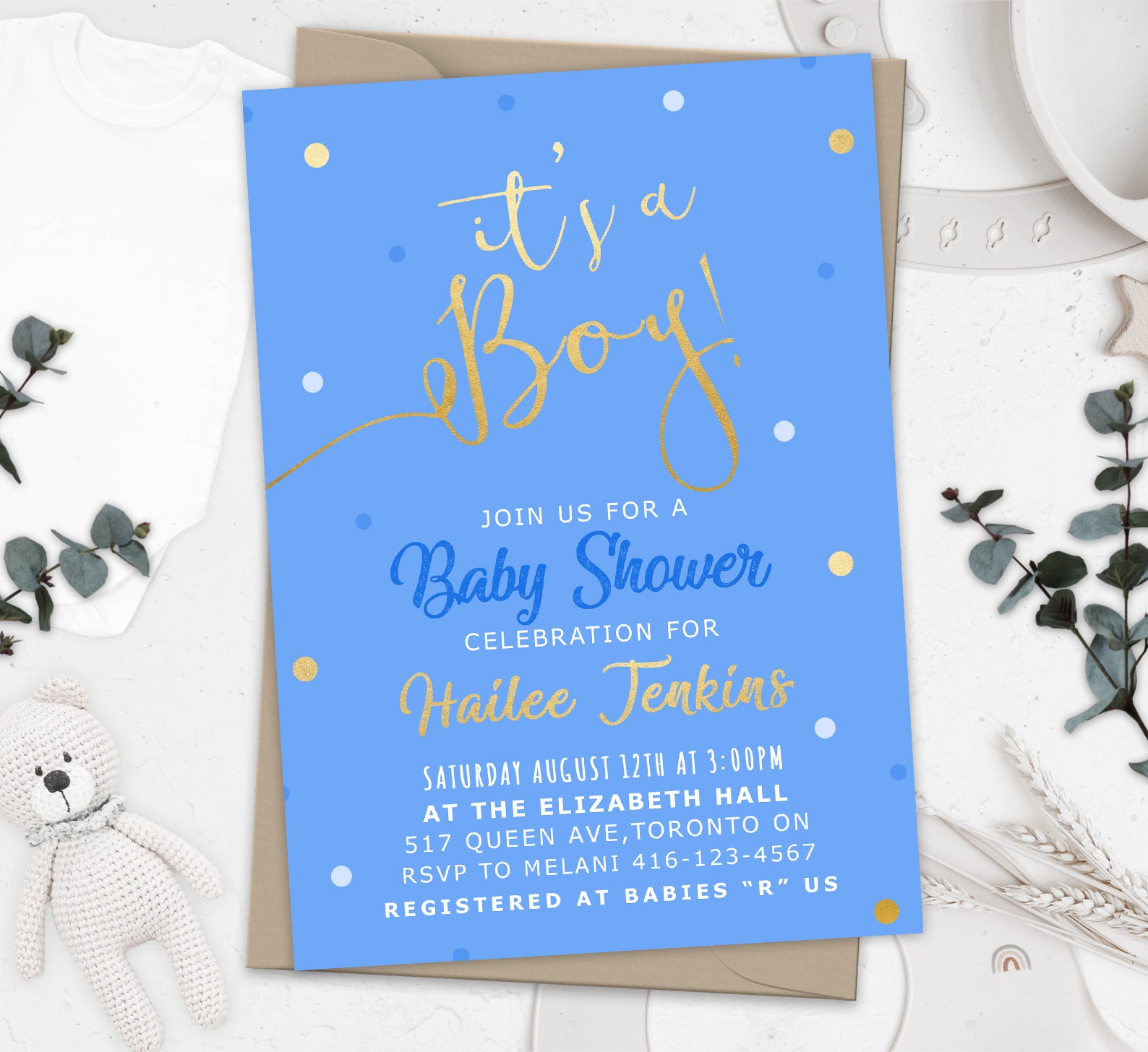 Blue and gold 2024 baby shower invitations