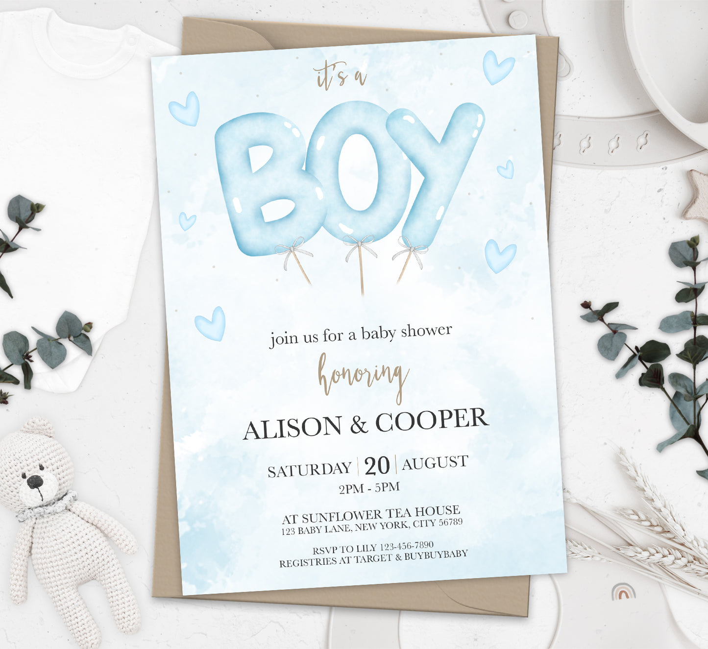 Watercolor It's a Boy Balloon Invitation